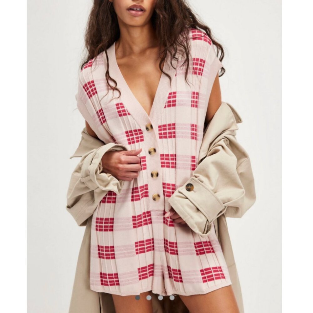 Free People Pink and Red Plaid Romper